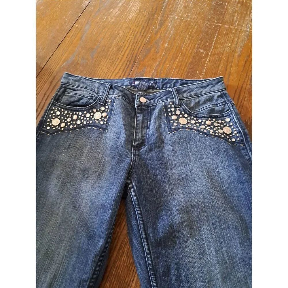 Size 10 Baccini Embellished Rhinestone Faux Coins Denim Blue Jeans Casual Pants